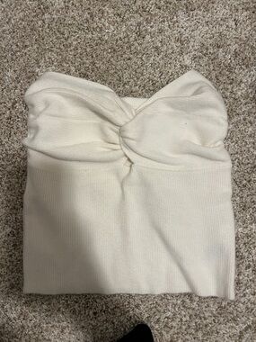 Cream Twist-Front Strapless Ribbed Tube Top